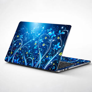 Abstract Blue Glowing Floral Fantasy Swirls Laptop Skin - View 1