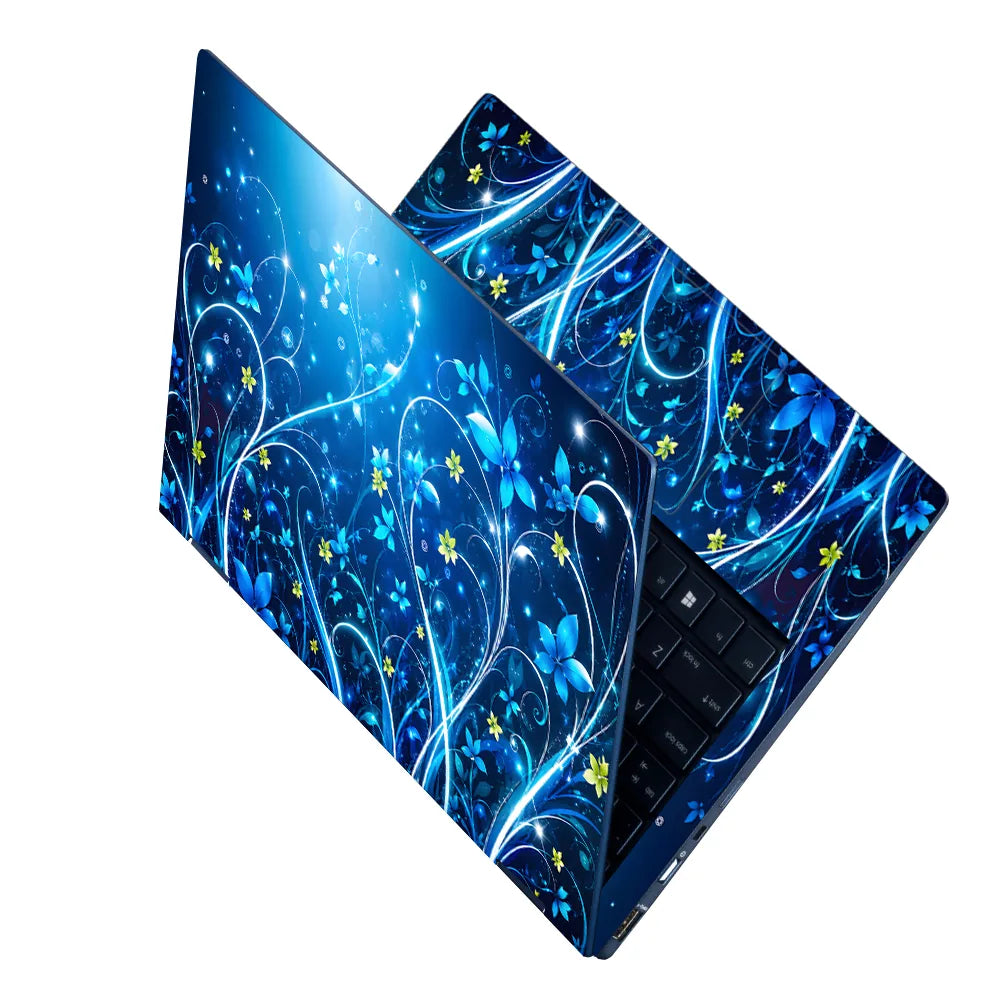 Abstract Blue Glowing Floral Fantasy Swirls Laptop Skin - View 2