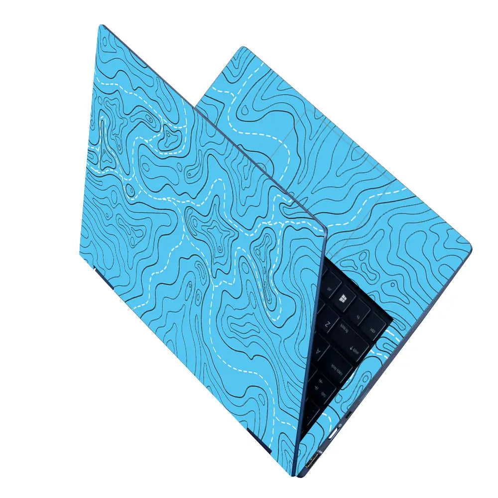 Abstract Blue Topographic Lines Flowing Laptop Skin - View 2