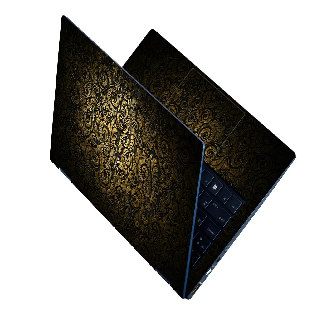 Abstract Dark Gold Ornamental Damask Pattern Laptop Skin - View 2