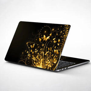 Abstract Golden Butterflies and Floral Sparkles Laptop Skin - View 1
