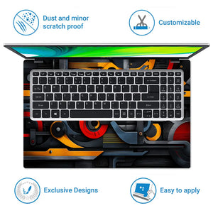 Abstract Machinery Yellow Red Gears Laptop Skin - View 5