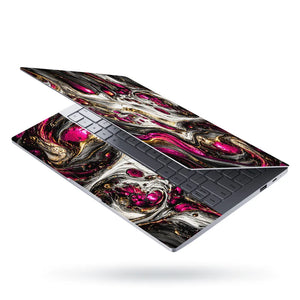 Abstract Magenta Gold Liquid Marble Swirl Laptop Skin - View 3