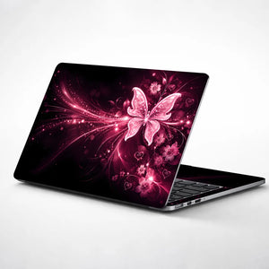 Abstract Pink Glowing Butterfly Floral Hearts Laptop Skin - View 1