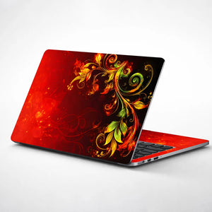 Abstract Red Fire Foliage Swirls on Black Laptop Skin - View 1