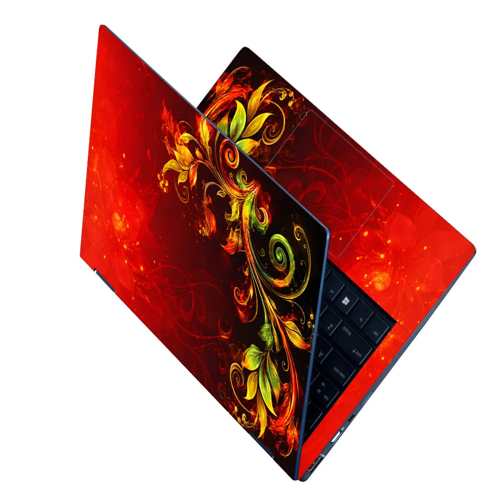 Abstract Red Fire Foliage Swirls on Black Laptop Skin - View 2