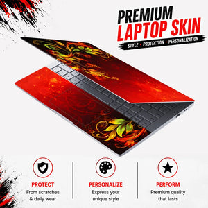 Abstract Red Fire Foliage Swirls on Black Laptop Skin - View 3