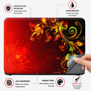 Abstract Red Fire Foliage Swirls on Black Laptop Skin - View 4