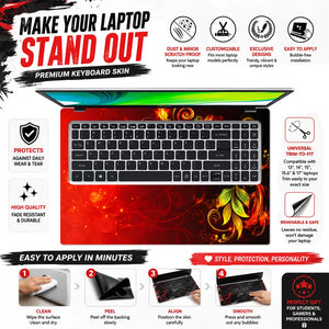 Abstract Red Fire Foliage Swirls on Black Laptop Skin - View 5