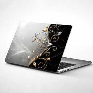 Abstract Silver Gold Floral Swirl on Grey Laptop Skin - View 1