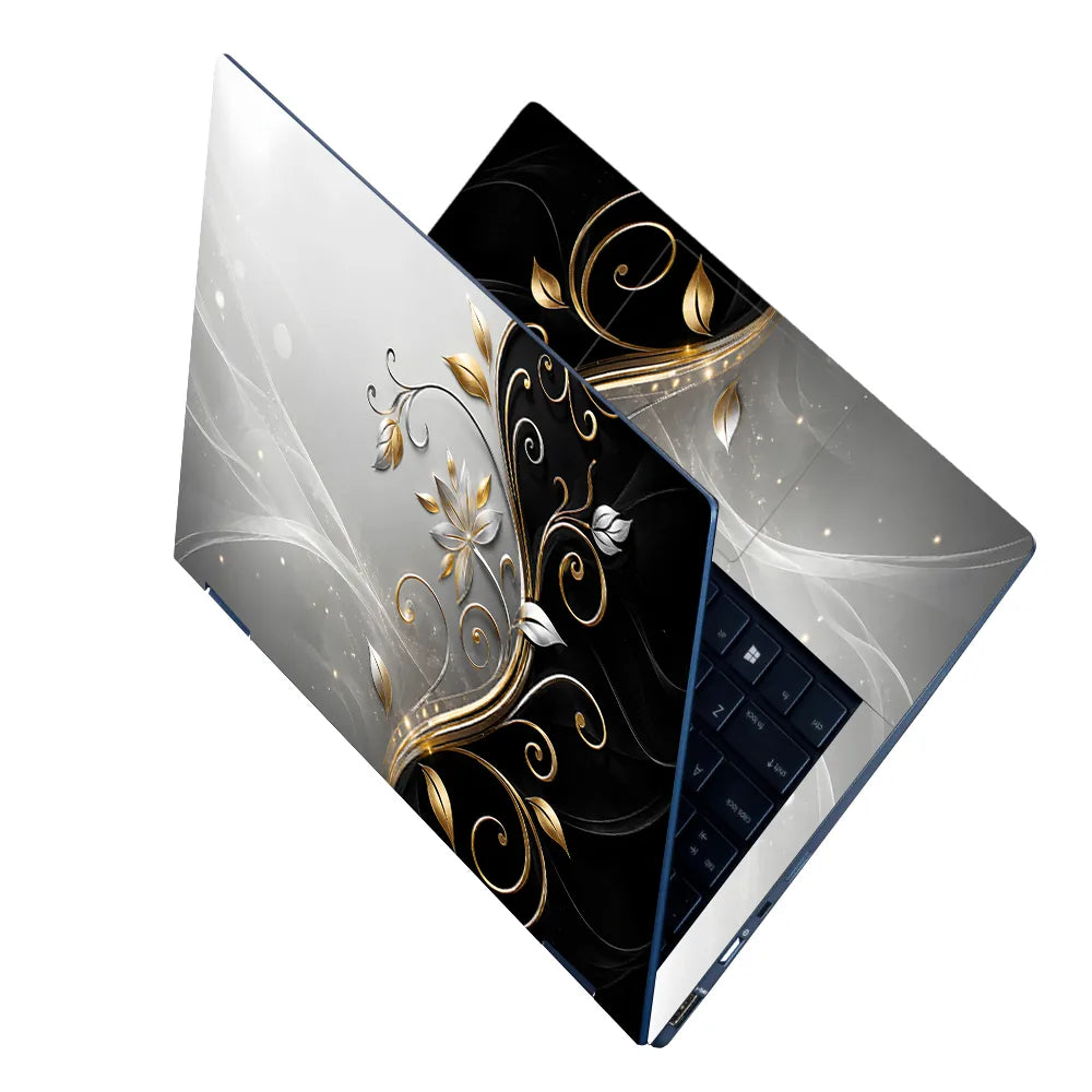 Abstract Silver Gold Floral Swirl on Grey Laptop Skin - View 2