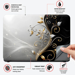 Abstract Silver Gold Floral Swirl on Grey Laptop Skin - View 4
