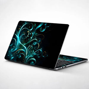 Abstract Teal Glowing Floral Vector Swirls Laptop Skin - View 1