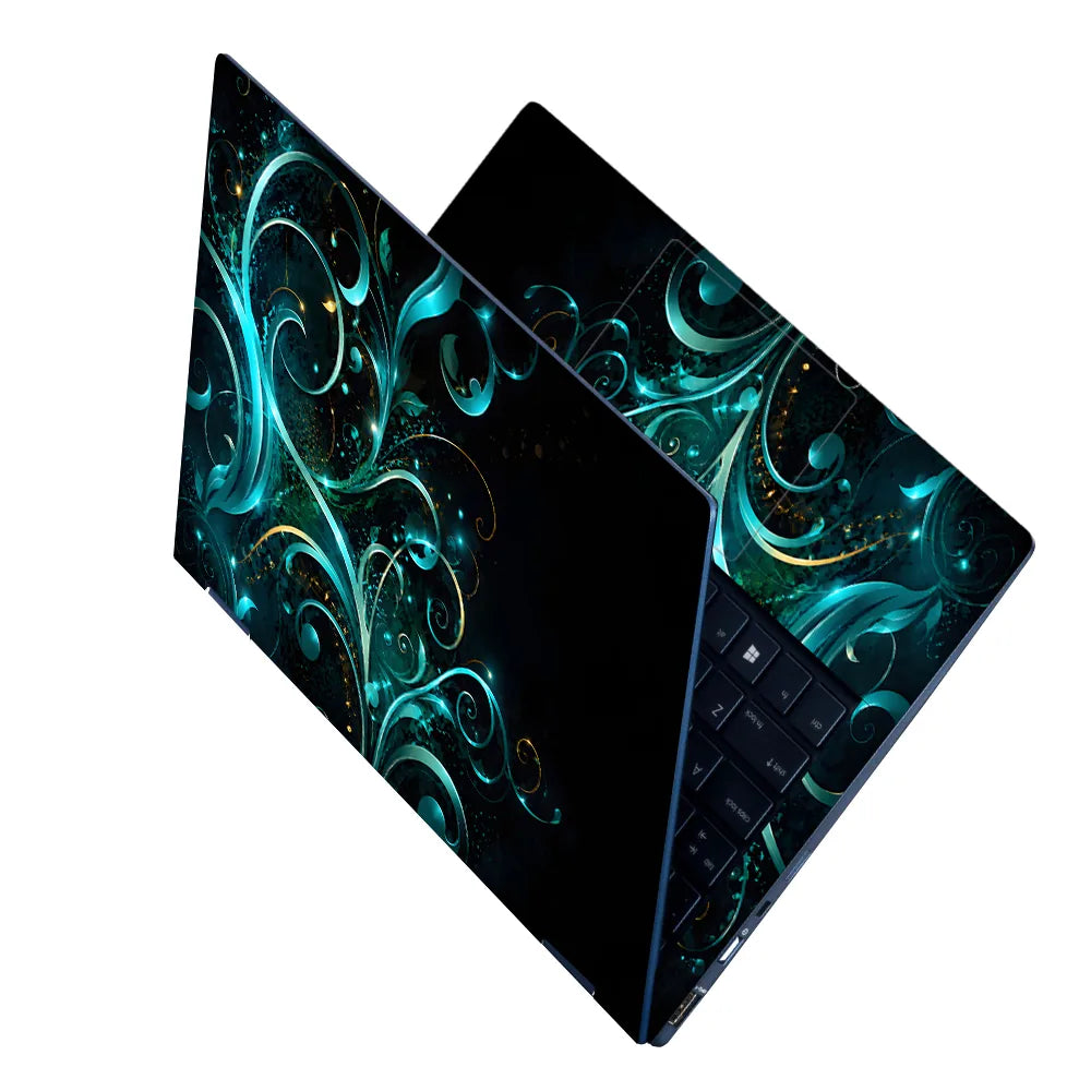 Abstract Teal Glowing Floral Vector Swirls Laptop Skin - View 2