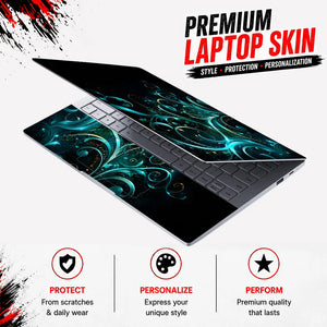 Abstract Teal Glowing Floral Vector Swirls Laptop Skin - View 3