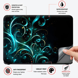 Abstract Teal Glowing Floral Vector Swirls Laptop Skin - View 4
