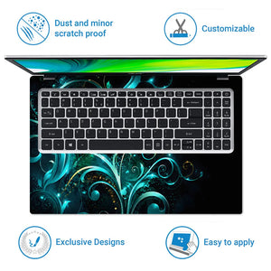 Abstract Teal Glowing Floral Vector Swirls Laptop Skin - View 5