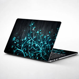 Abstract Teal Glowing Vines on Dark Wood Laptop Skin - View 1
