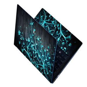 Abstract Teal Glowing Vines on Dark Wood Laptop Skin - View 2