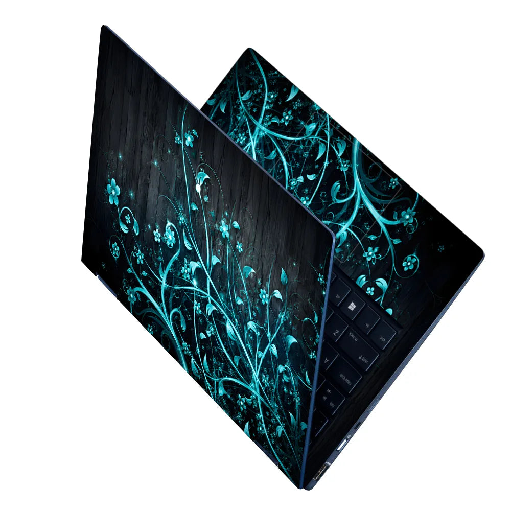 Abstract Teal Glowing Vines on Dark Wood Laptop Skin - View 2