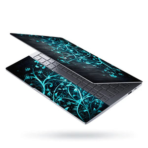 Abstract Teal Glowing Vines on Dark Wood Laptop Skin - View 3