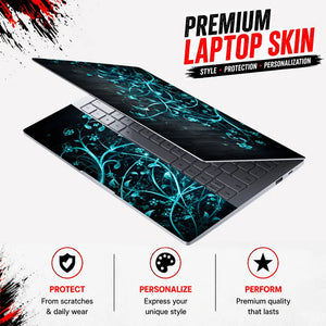 Abstract Teal Glowing Vines on Dark Wood Laptop Skin - View 3