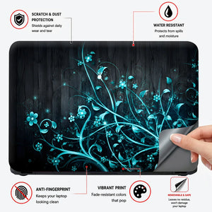Abstract Teal Glowing Vines on Dark Wood Laptop Skin - View 4