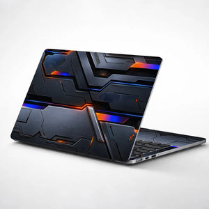 Abstract Tech Carbon Orange Blue Lines Laptop Skin - View 1