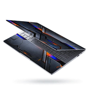 Abstract Tech Carbon Orange Blue Lines Laptop Skin - View 3