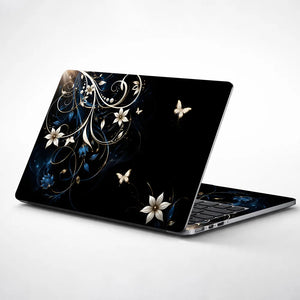 Abstract White Lilies and Butterflies on Black Laptop Skin - View 1