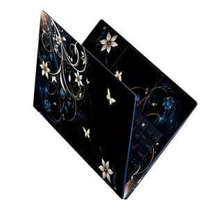 Abstract White Lilies and Butterflies on Black Laptop Skin - View 2