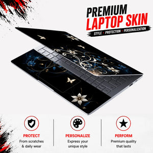 Abstract White Lilies and Butterflies on Black Laptop Skin - View 3