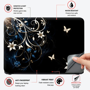 Abstract White Lilies and Butterflies on Black Laptop Skin - View 4