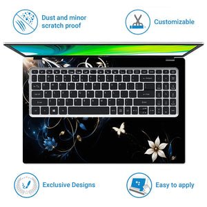 Abstract White Lilies and Butterflies on Black Laptop Skin - View 5