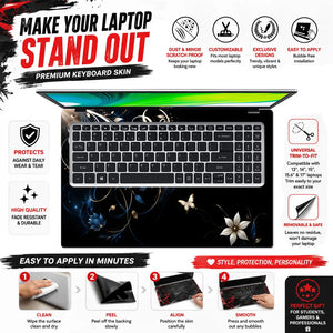 Abstract White Lilies and Butterflies on Black Laptop Skin - View 5