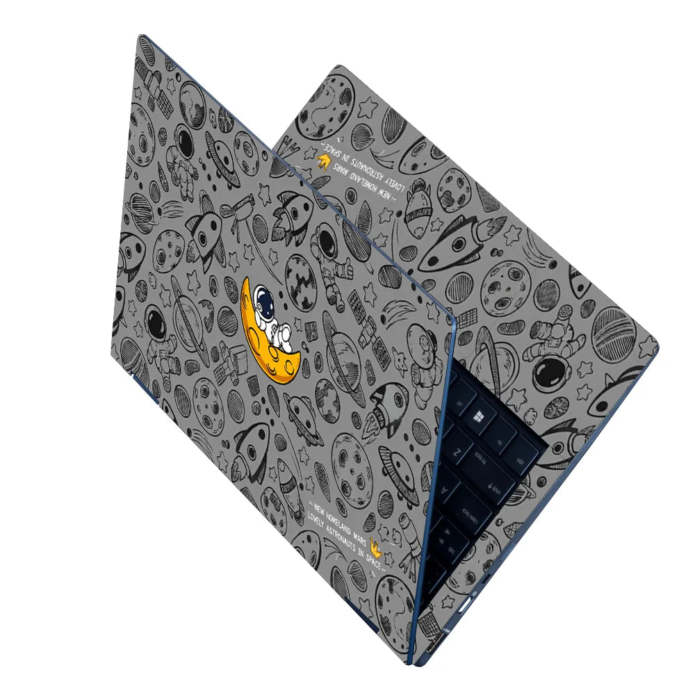 Astronaut Yellow Moon Doodles Laptop Skin - View 2