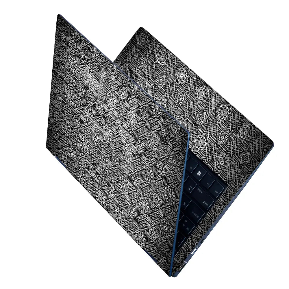 Black Silver Floral Tile - Metallic and Textured Finish Laptop Skin - View 2