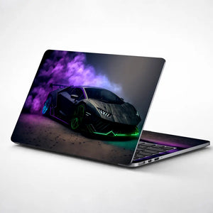 Black Sports Car Green Neon Lights Purple Smoke Laptop Skin - View 1