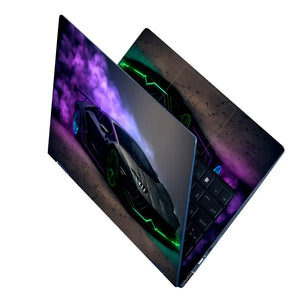 Black Sports Car Green Neon Lights Purple Smoke Laptop Skin - View 2
