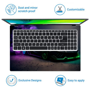 Black Sports Car Green Neon Lights Purple Smoke Laptop Skin - View 5
