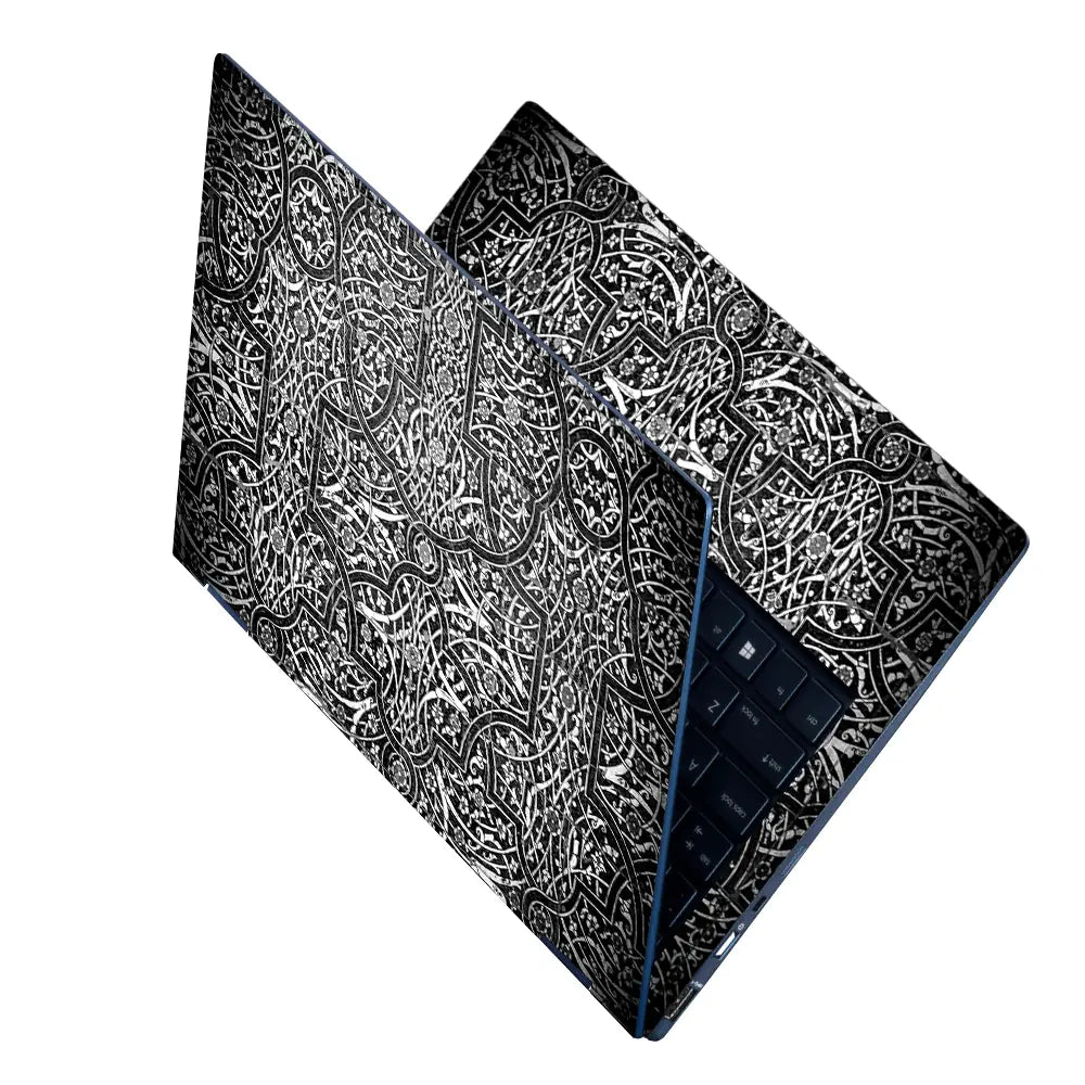 Black White Arabesque Tile - Metallic and Textured Finish Laptop Skin - View 2