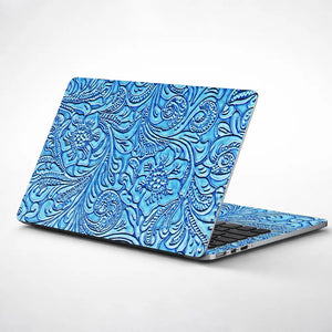 Blue Floral Leather - Metallic and Textured Finish Laptop Skin - View 1