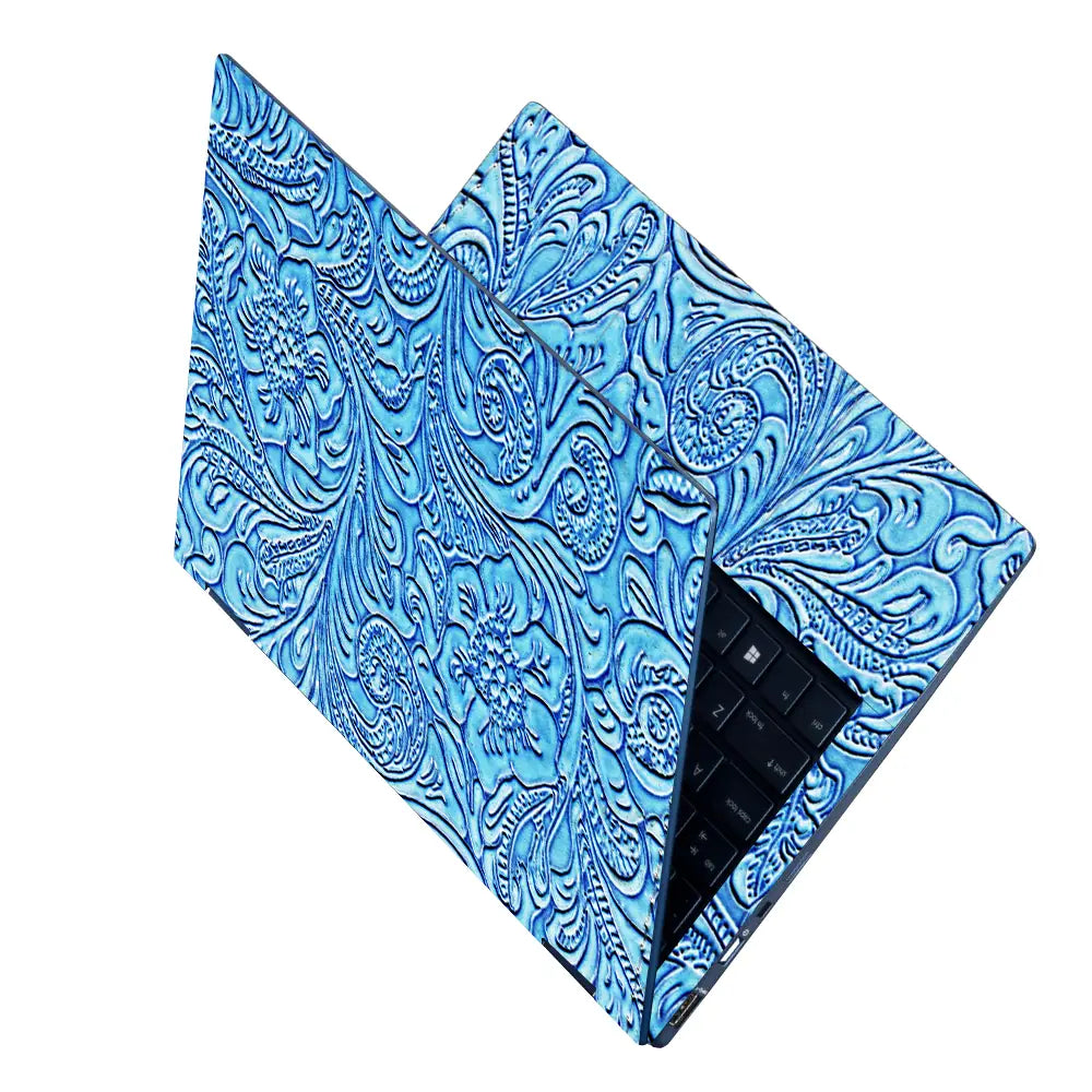 Blue Floral Leather - Metallic and Textured Finish Laptop Skin - View 2