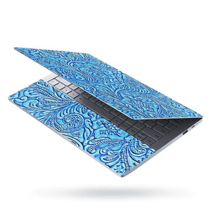 Blue Floral Leather - Metallic and Textured Finish Laptop Skin - View 3