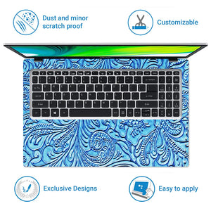 Blue Floral Leather - Metallic and Textured Finish Laptop Skin - View 5