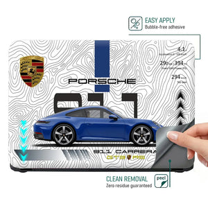 Blue Porsche 911 Carrera White Topographic Map Design Laptop Skin - View 4