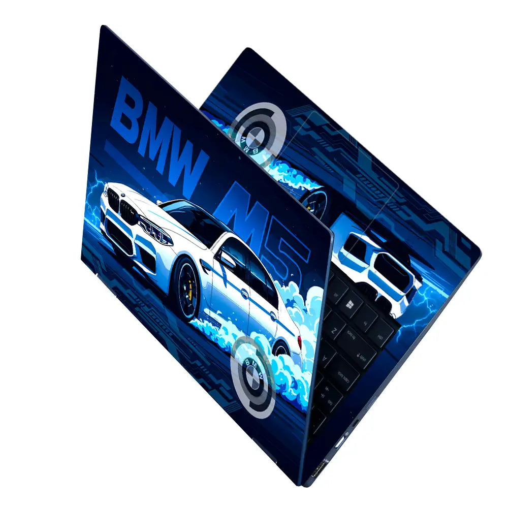 BMW M5 White Blue Neon Car Laptop Skin - View 2