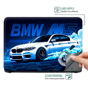 BMW M5 White Blue Neon Car Laptop Skin - View 4