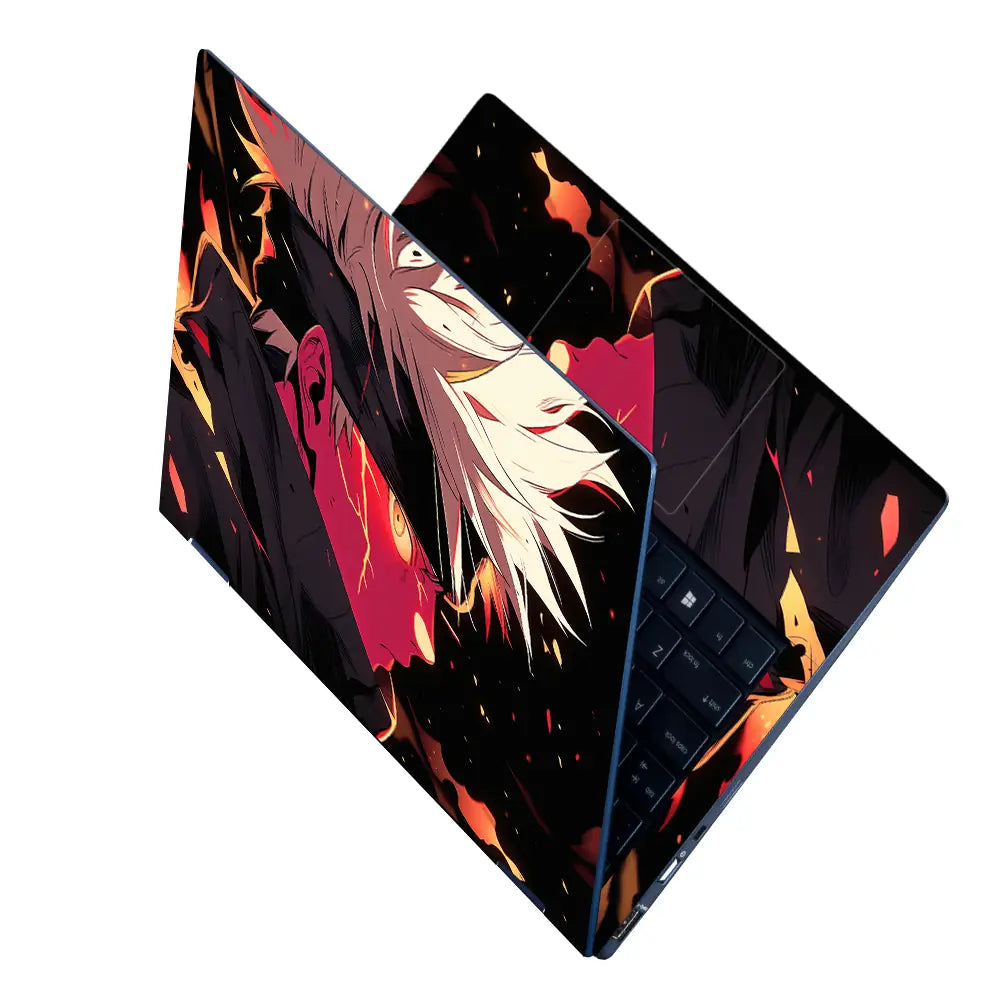 Dynamic Anime Character In Fiery Scene Laptop Skin - View 2