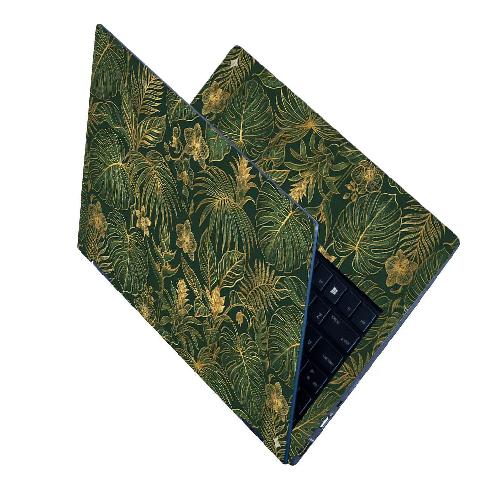 Elegant Tropical Leaves In Gold Laptop Skin - View 2